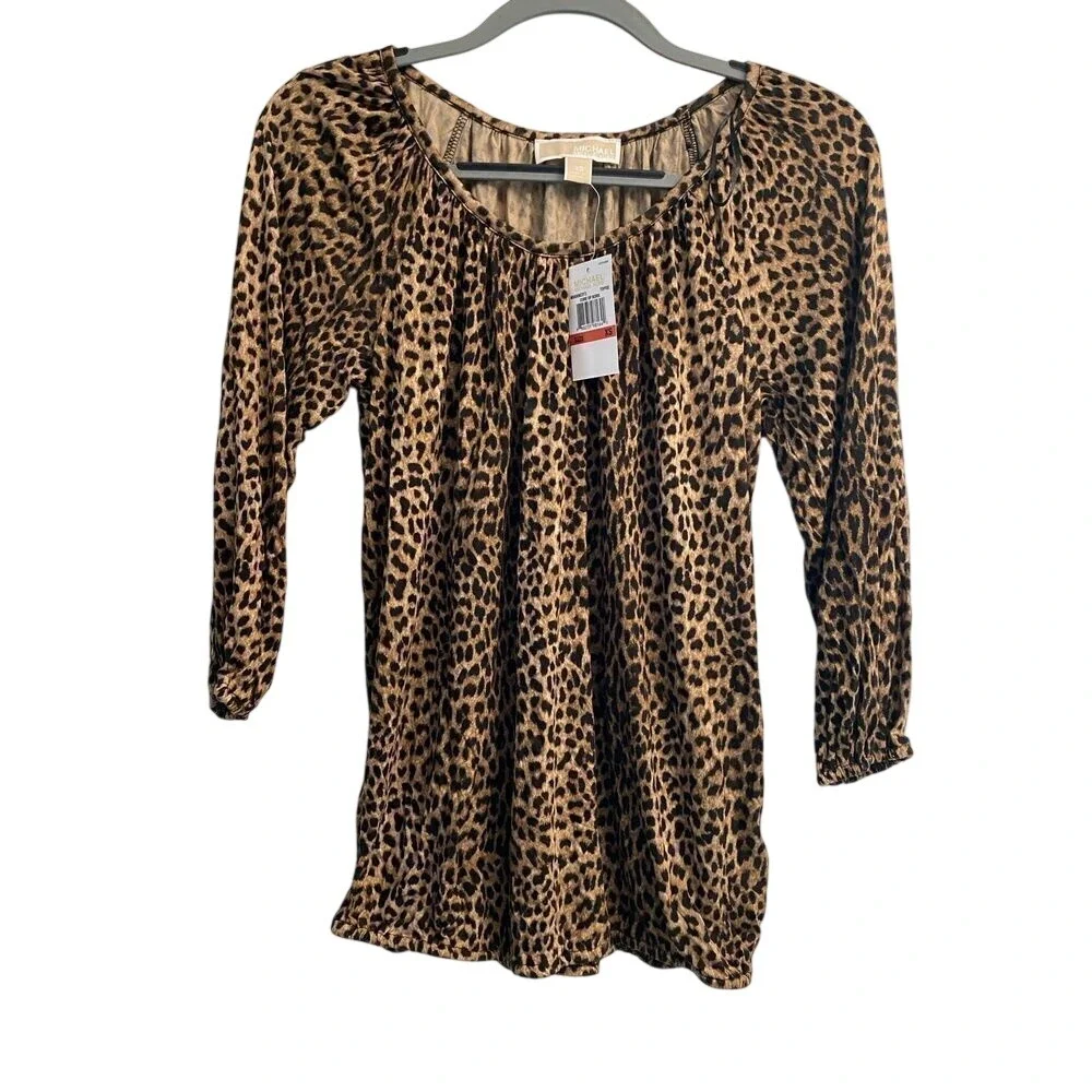 Michael Kors Women's XS Signature Collection Leopard Print 3/4 Sleeve Blouse